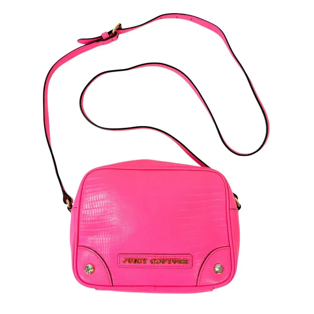RARE NWT‎ Juicy Couture Pink Purse Camera Bag Leather Lizard Embossed Crossbody
